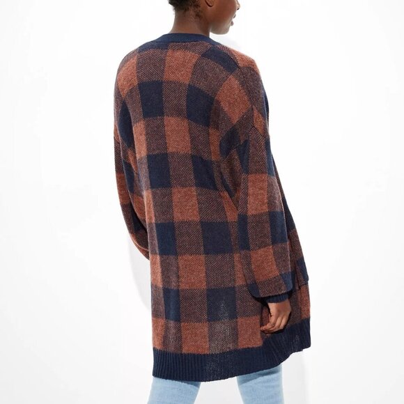 AE American Eagle Oversized Wool Plaid Cardigan Navy Brown Navy Brown – XS - Picture 5 of 13